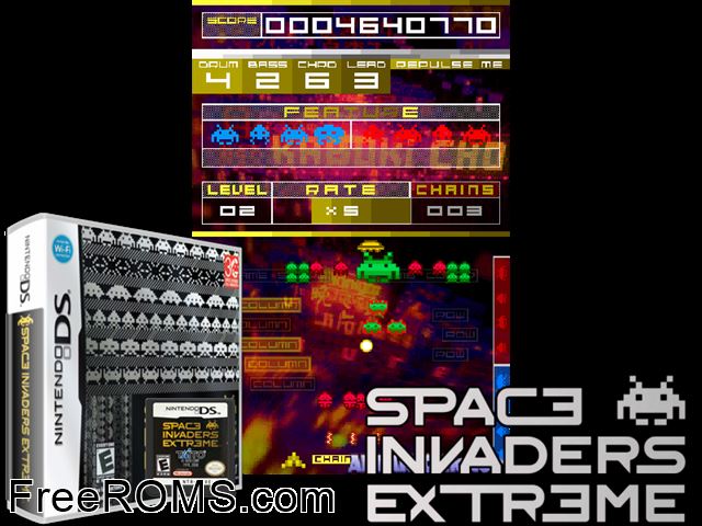 Space Invaders Extreme Europe NDS game showing 3D box cover and gameplay screenshot