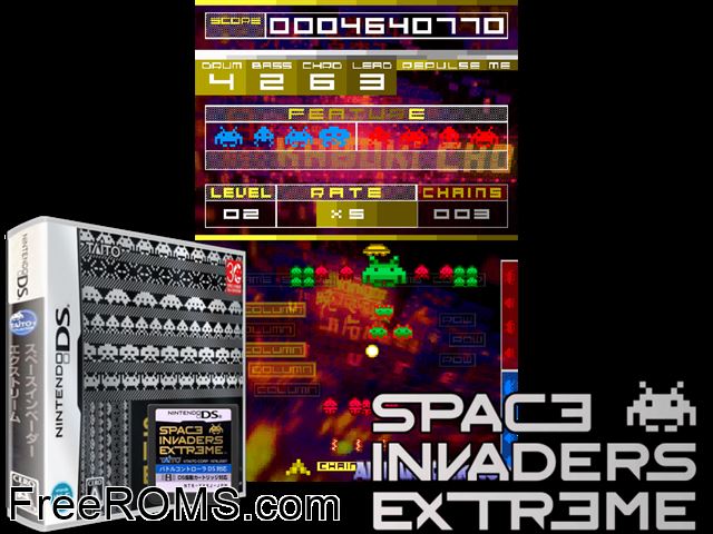 Space Invaders Extreme Japan NDS game showing 3D box cover and gameplay screenshot