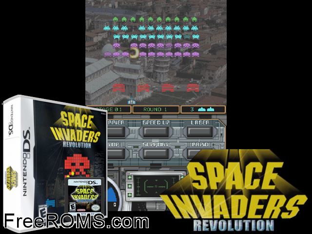 Space Invaders Revolution NDS game showing 3D box cover and gameplay screenshot