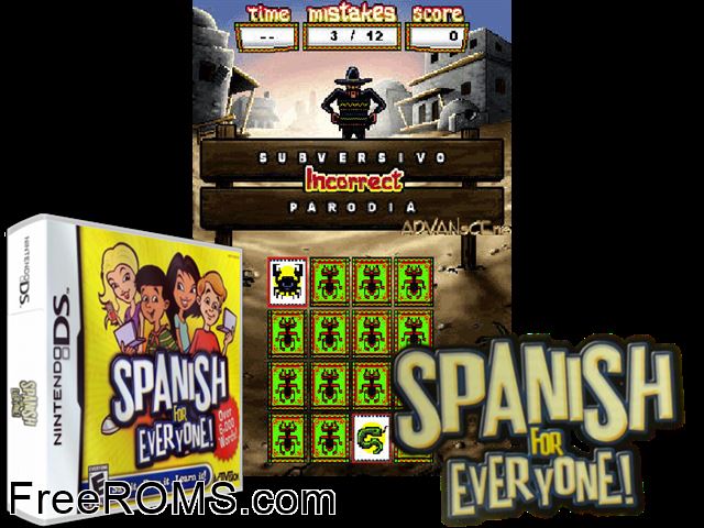Spanish for Everyone NDS game showing 3D box cover and gameplay screenshot