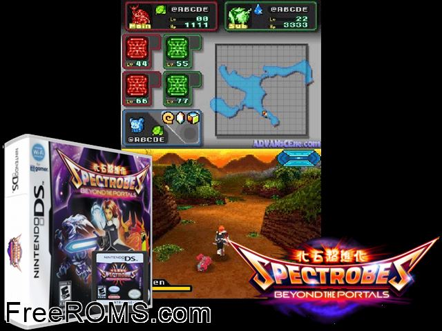 Spectrobes - Beyond the Portals NDS game showing 3D box cover and gameplay screenshot