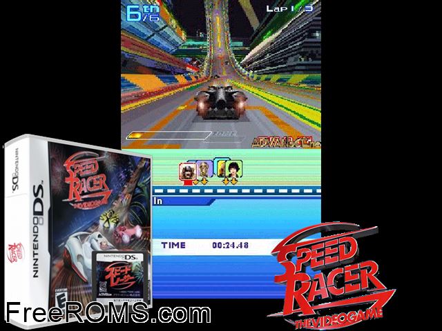 Speed Racer - The Videogame NDS game showing 3D box cover and gameplay screenshot