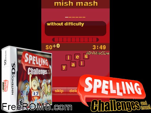 Spelling Challenges and More! NDS game showing 3D box cover and gameplay screenshot