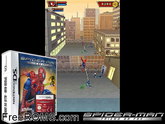 Spider-Man - Allie ou Ennemi France NDS game showing 3D box cover and gameplay screenshot