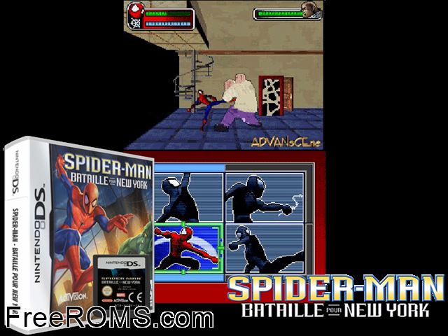 Spider-Man - Bataille pour New York France NDS game showing 3D box cover and gameplay screenshot