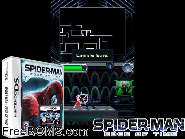 Spider-Man - Edge of Time NDS game showing 3D box cover and gameplay screenshot