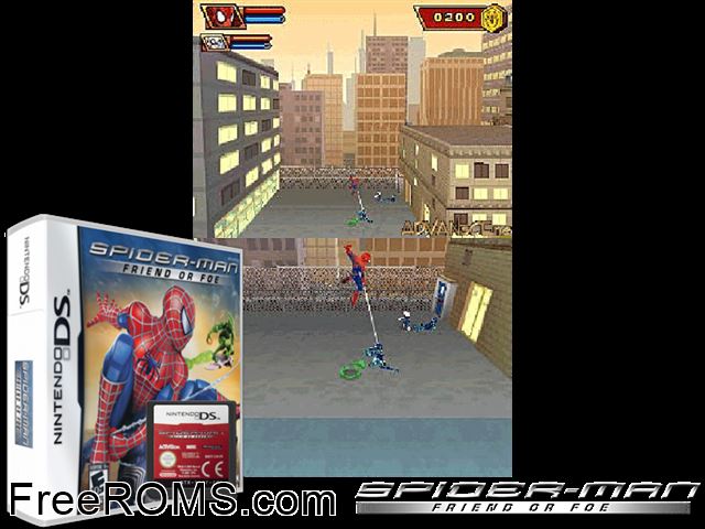 Spider-Man - Friend or Foe NDS game showing 3D box cover and gameplay screenshot