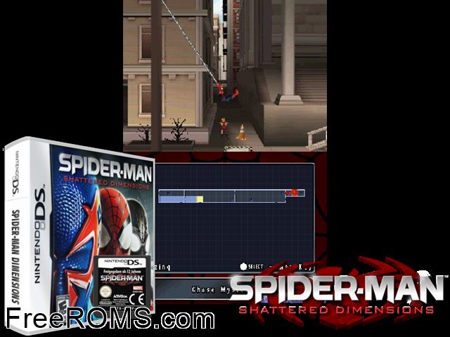 Spider-Man - Shattered Dimensions NDS game showing 3D box cover and gameplay screenshot
