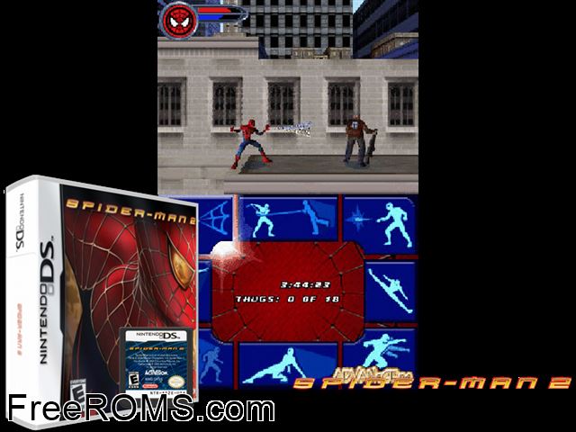 Spider-Man 2 Europe NDS game showing 3D box cover and gameplay screenshot