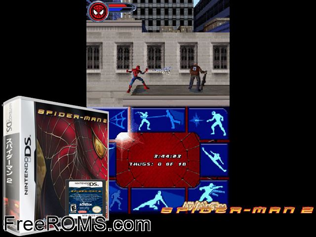 Spider-Man 2 Japan NDS game showing 3D box cover and gameplay screenshot