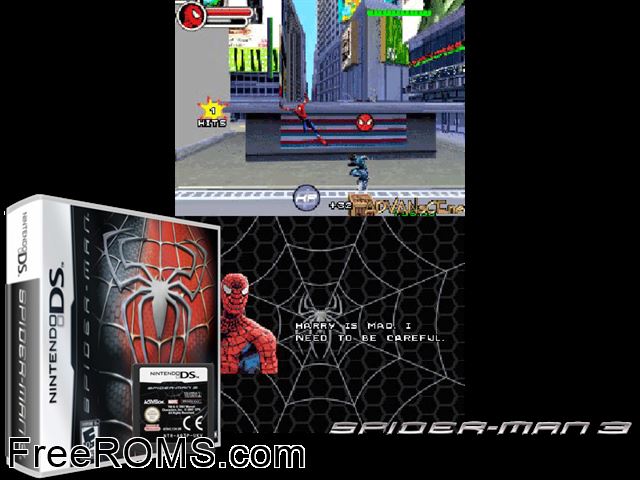 Spider-Man 3 NDS game showing 3D box cover and gameplay screenshot