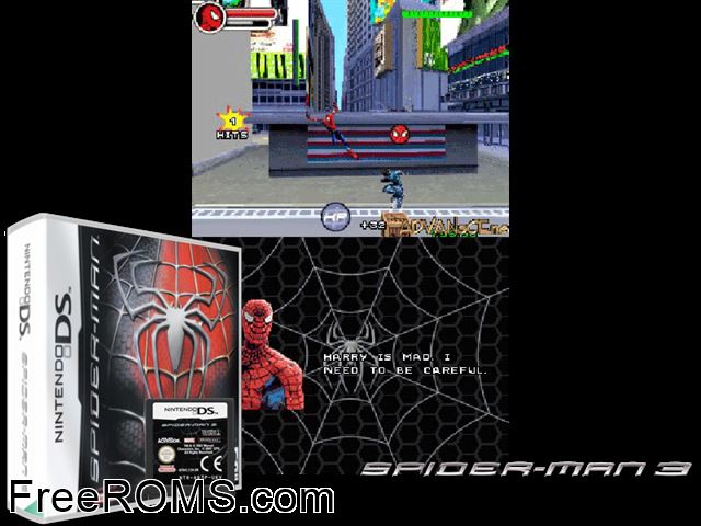 Spider-Man 3 Europe NDS game showing 3D box cover and gameplay screenshot