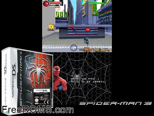 Spider-Man 3 France NDS game showing 3D box cover and gameplay screenshot