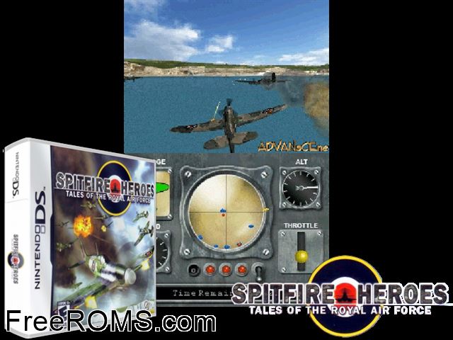 Spitfire Heroes - Tales of the Royal Air Force NDS game showing 3D box cover and gameplay screenshot