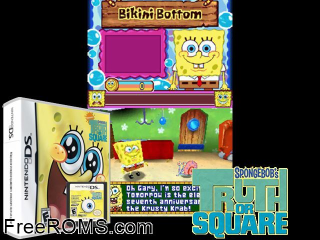 SpongeBob - SpongeBobs Truth or Square Europe NDS game showing 3D box cover and gameplay screenshot
