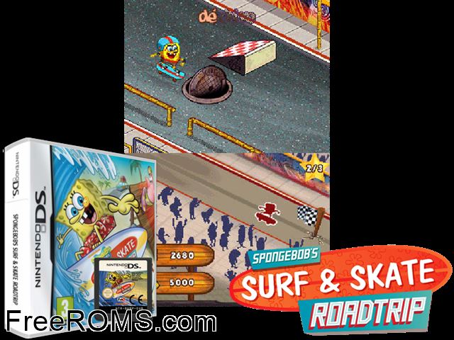 SpongeBob - Surf and Skate Roadtrip NDS game showing 3D box cover and gameplay screenshot