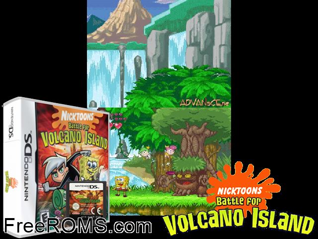 SpongeBob and Friends - Battle for Volcano Island Europe NDS game showing 3D box cover and gameplay screenshot