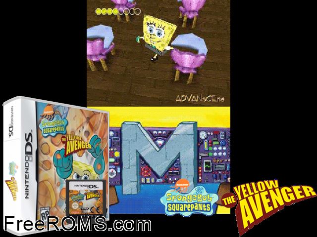SpongeBob SquarePants - The Yellow Avenger Europe NDS game showing 3D box cover and gameplay screenshot