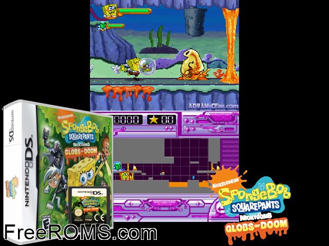 SpongeBob SquarePants Featuring Nicktoons - Globs of Doom NDS game showing 3D box cover and gameplay screenshot