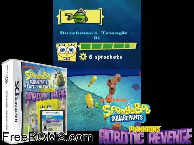 SpongeBob SquarePants Planktons Robotic Revenge Europe NDS game showing 3D box cover and gameplay screenshot
