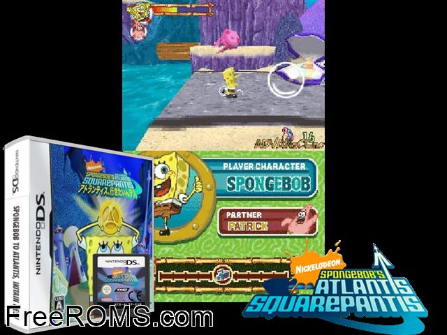 Spongebob to Atlantis, Ikitain Desu Japan NDS game showing 3D box cover and gameplay screenshot