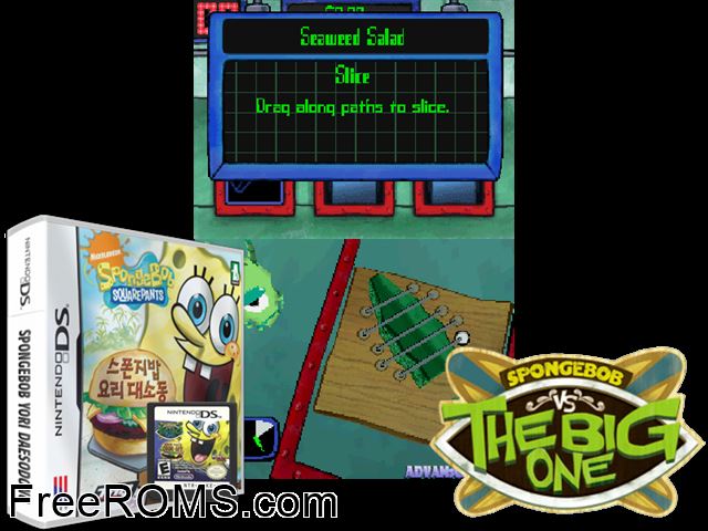 SpongeBob vs. TBO - Beach Party Cook Off NDS game showing 3D box cover and gameplay screenshot