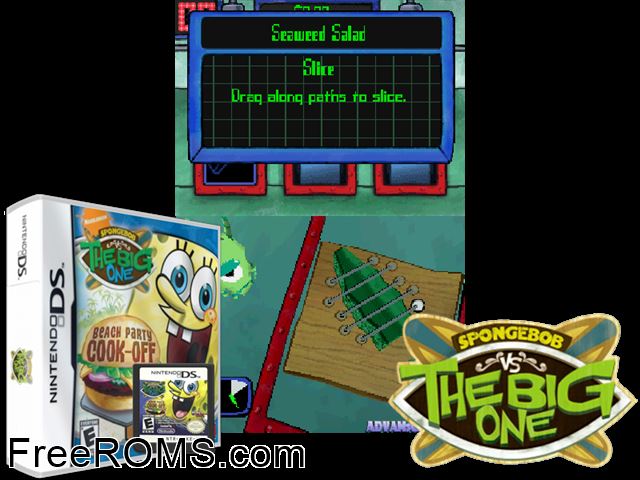 SpongeBob vs The Big One - Beach Party Cook-Off NDS game showing 3D box cover and gameplay screenshot