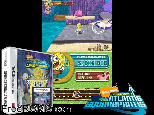 SpongeBobs Atlantis SquarePantis NDS game showing 3D box cover and gameplay screenshot