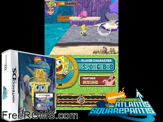 SpongeBobs Atlantis SquarePantis Europe NDS game showing 3D box cover and gameplay screenshot