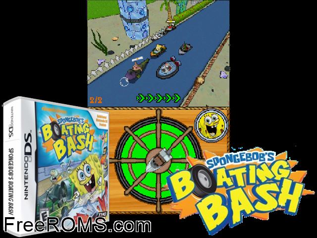 SpongeBobs Boating Bash NDS game showing 3D box cover and gameplay screenshot