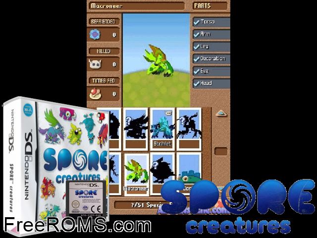 Spore Creatures Europe NDS game showing 3D box cover and gameplay screenshot