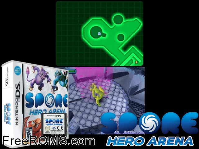 Spore Hero Arena NDS game showing 3D box cover and gameplay screenshot