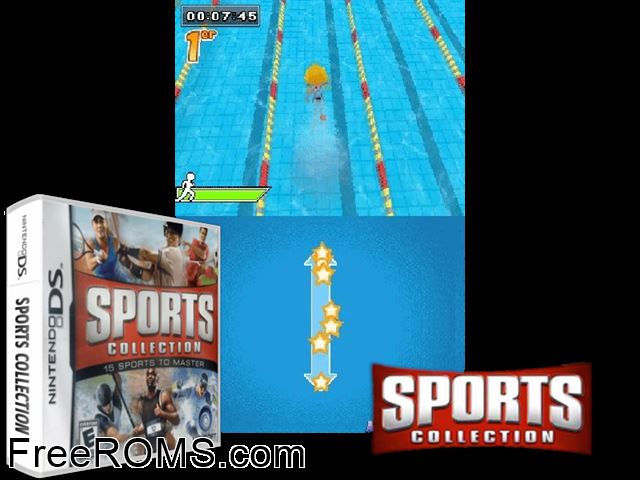Sports Collection - 15 Sports to Master Europe NDS game showing 3D box cover and gameplay screenshot