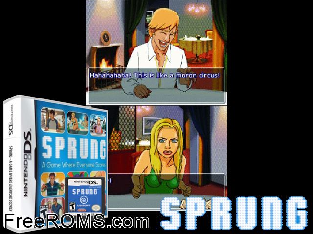 Sprung - The Dating Game NDS game showing 3D box cover and gameplay screenshot