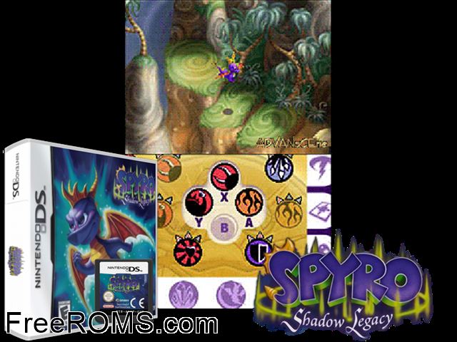 Spyro - Shadow Legacy NDS game showing 3D box cover and gameplay screenshot