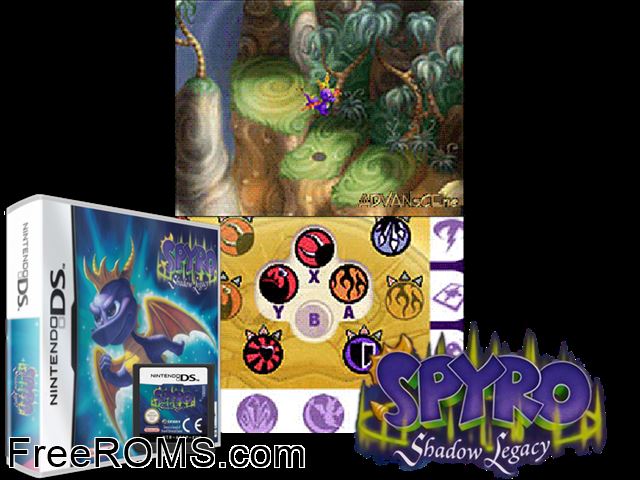 Spyro - Shadow Legacy Europe NDS game showing 3D box cover and gameplay screenshot