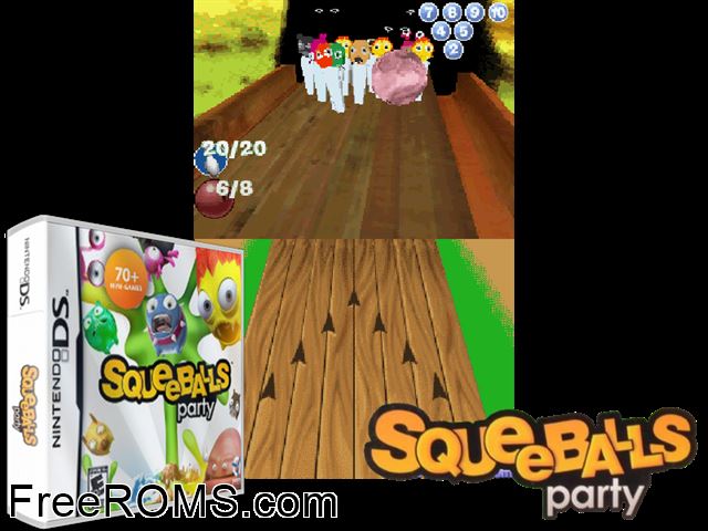 Squeeballs Party NDS game showing 3D box cover and gameplay screenshot