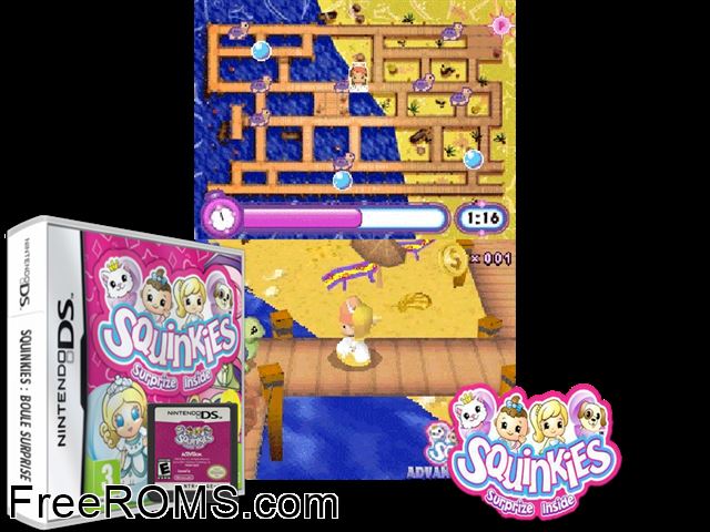 Squinkies - Surprize Inside Europe NDS game showing 3D box cover and gameplay screenshot