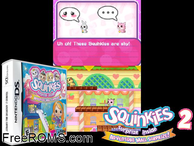 Squinkies 2 - Adventure Mall Surprize NDS game showing 3D box cover and gameplay screenshot