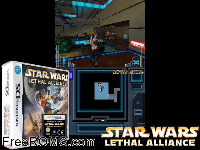 Star Wars - Lethal Alliance Europe NDS game showing 3D box cover and gameplay screenshot
