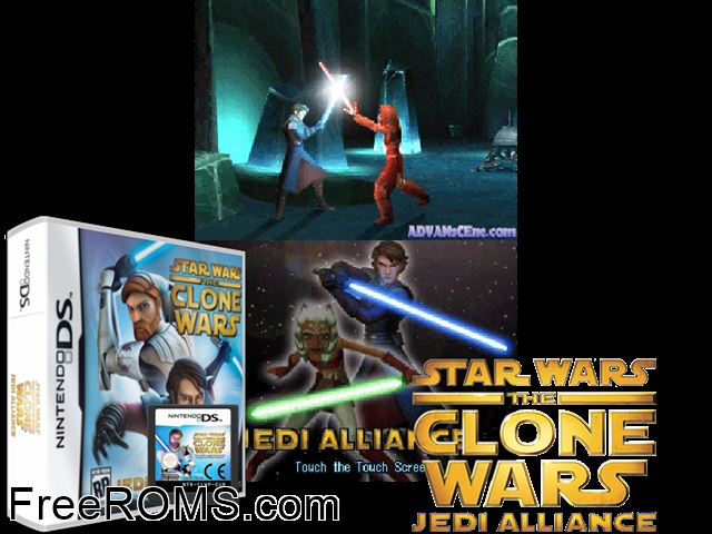 Star Wars - The Clone Wars - Jedi Alliance Europe NDS game showing 3D box cover and gameplay screenshot