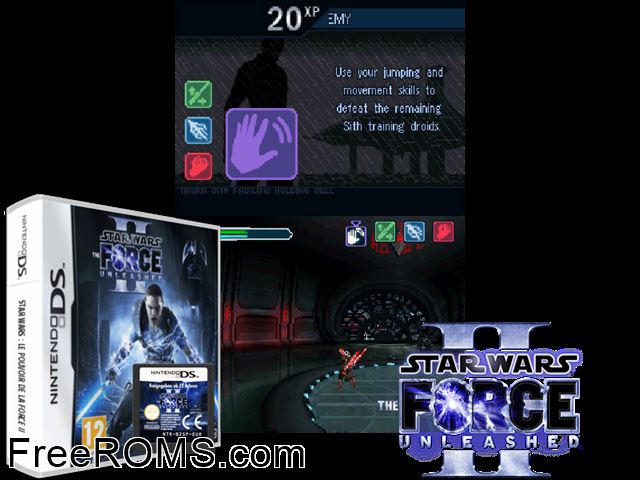 Star Wars - The Force Unleashed II Europe NDS game showing 3D box cover and gameplay screenshot