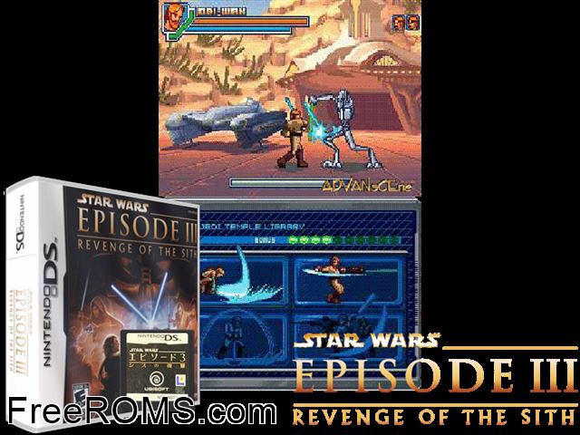 Star Wars Episode III - Revenge of the Sith NDS game showing 3D box cover and gameplay screenshot