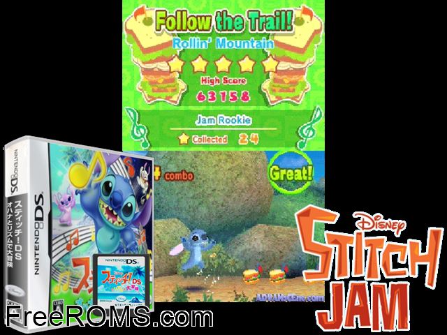 Stitch! DS - Ohana to Rhythm de Daibouken Japan NDS game showing 3D box cover and gameplay screenshot