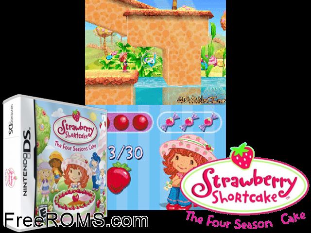 Strawberry Shortcake - The Four Seasons Cake NDS game showing 3D box cover and gameplay screenshot