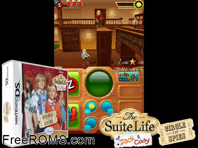 Suite Life of Zack and Cody - Circle of Spies, The Europe NDS game showing 3D box cover and gameplay screenshot