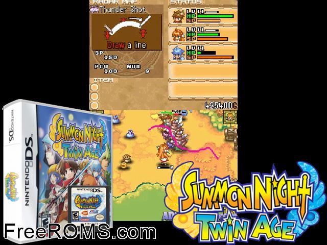 Summon Night - Twin Age NDS game showing 3D box cover and gameplay screenshot