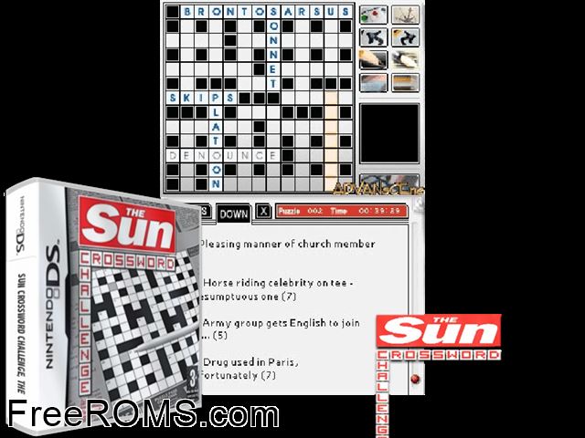 Sun Crossword Challenge, The Europe NDS game showing 3D box cover and gameplay screenshot