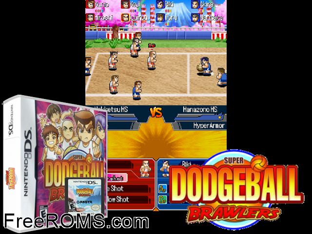 Super Dodgeball Brawlers NDS game showing 3D box cover and gameplay screenshot