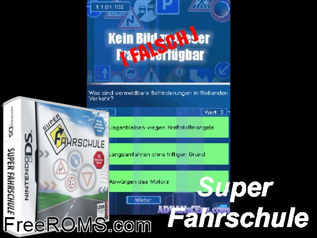 Super Fahrschule Germany NDS game showing 3D box cover and gameplay screenshot